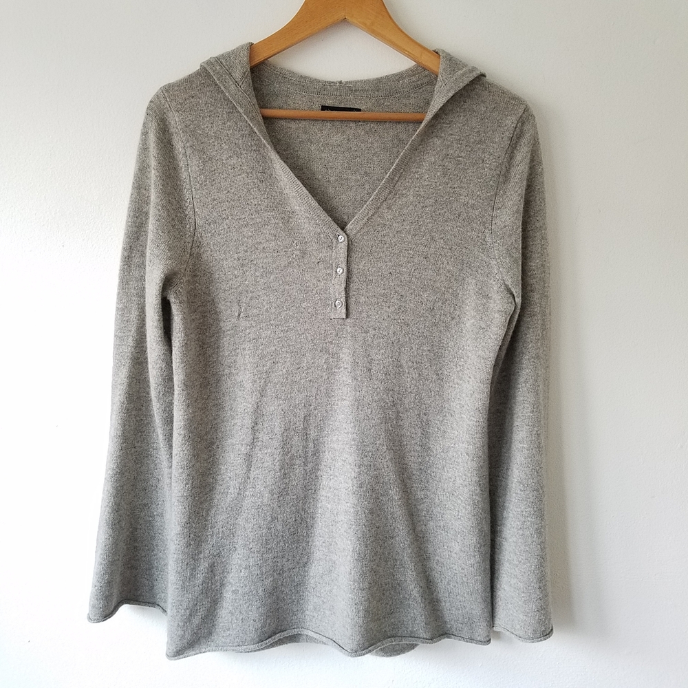 Shimera 100% Cashmere Grey Hooded V Neck Pull Over Sweater Size Large